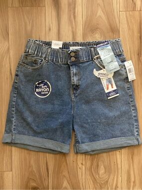 Angels Of Difference Sand Acid Wash Elastic Waist High-Rise Mid Denim Shorts